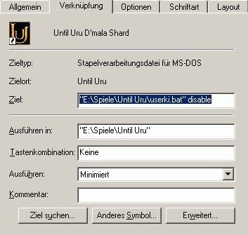 Beispiel für die Einstellungen in den Eigenschaften der Verknüpfung